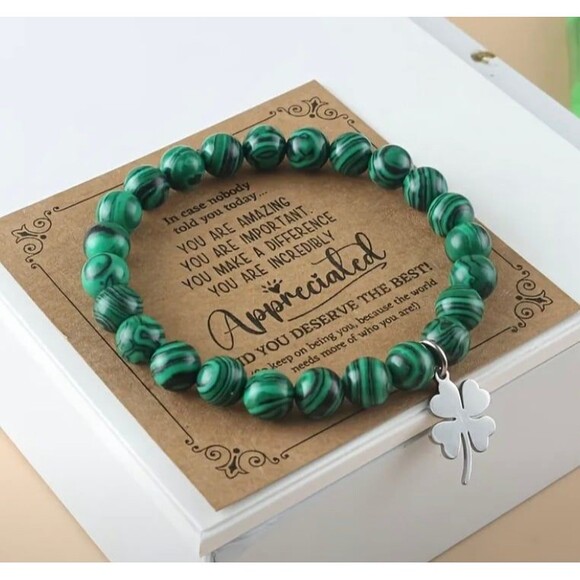 Natural Peacock Stone Bead Bracelet with Lucky Four-Leaf Clover - Picture 5 of 5